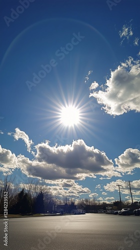 Bright Sun Shining Over Fluffy Clouds on a Clear Blue Sky During Midday
