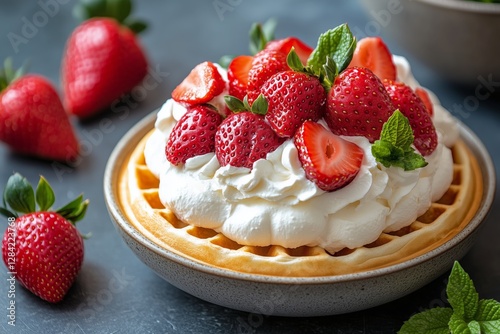 Fresh Strawberry Waffle Topped With Whipped Cream and Served With Berries on ...