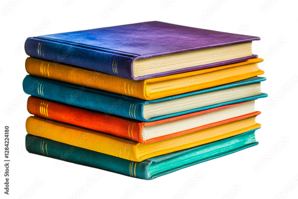 Colorful stacked books in various hues on display Colorful stacked books in various hues on display