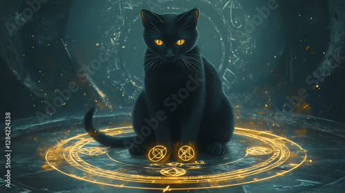 A mystical illustration of a black cat with glowing symbols around its paws, sitting on a magic circle. Mystic Occult Ritual Circle. Illustration