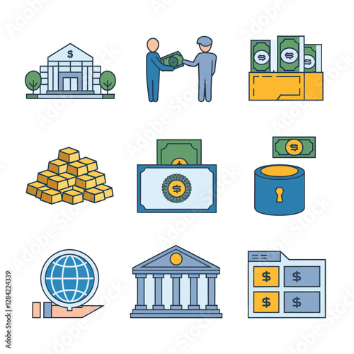 vector colorful economy trading graph cash money linked with curved dash line over the world bank 
