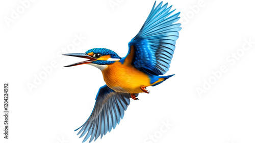 Colorful kingfisher bird in mid flight above water