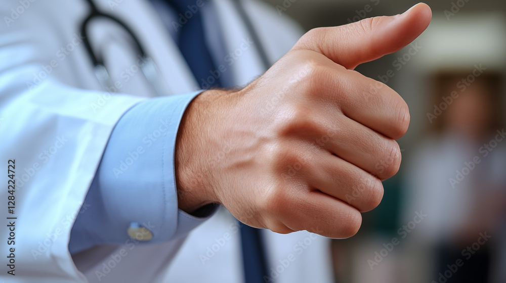 Fototapeta premium Medical professional gesturing with hand in white coat at hospital, demonstrating healthcare communication and professional expertise