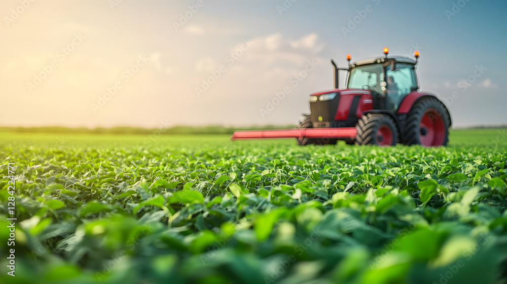 Tractor in Soybean Field During Spring Season - Side View with Soft Lighting
Tractor in Soybean Field During Spring Season - Side View with Soft Lighting