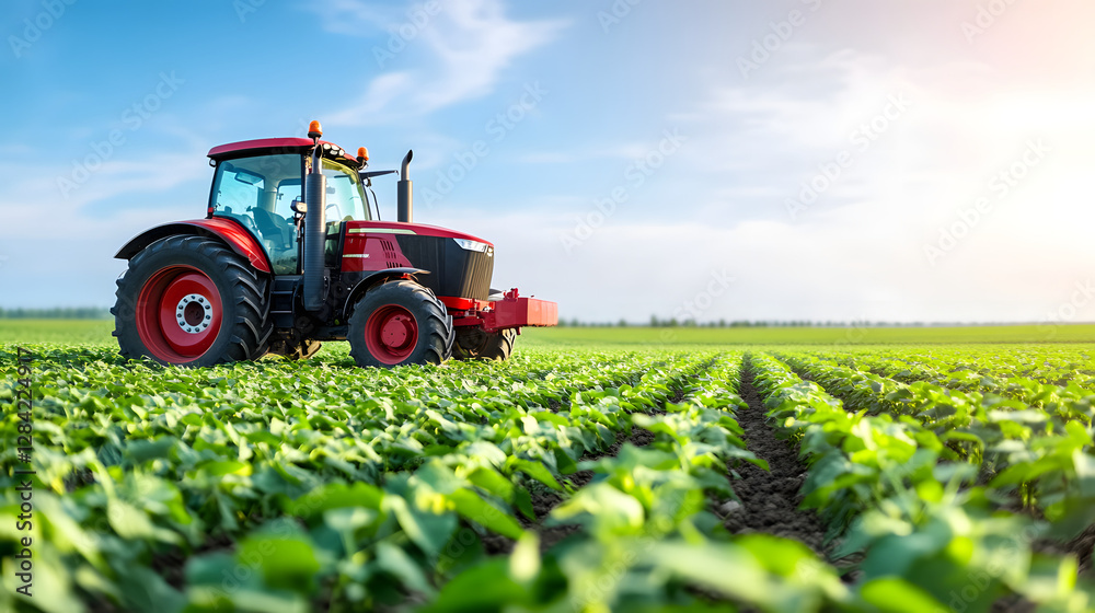 Tractor in Soybean Field During Spring Season - Side View with Soft Lighting
Tractor in Soybean Field During Spring Season - Side View with Soft Lighting