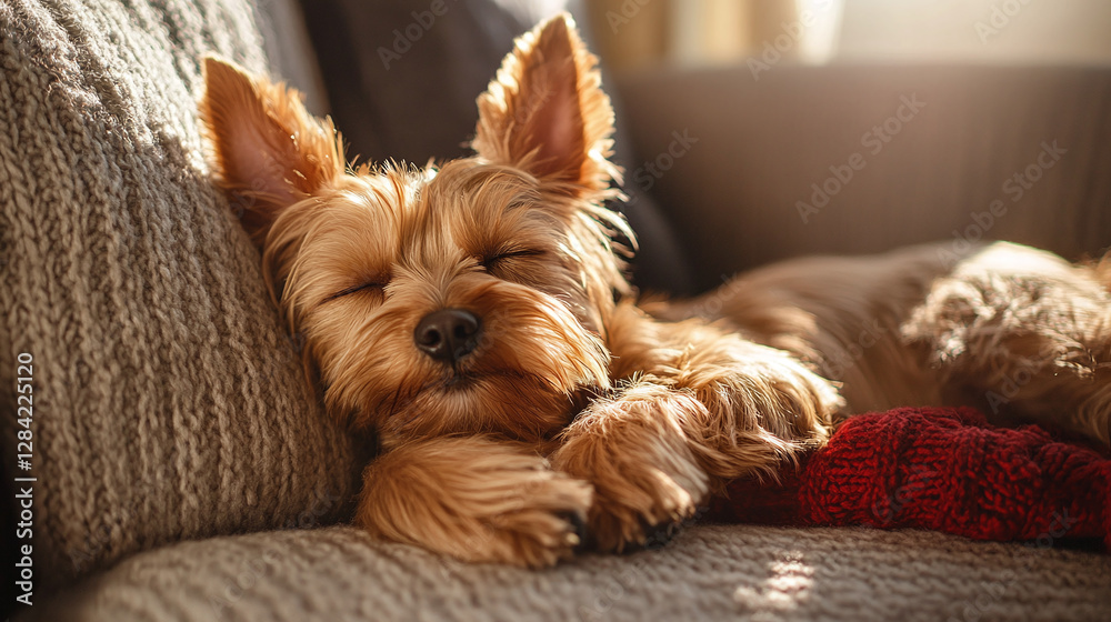 Cute terrier dogs sleeping on a cozy sofa in a modern living room, warm sunlight is shining through the window. Cute terrier dogs sleeping on a cozy sofa in a modern living room, warm sunlight is shining through the window.