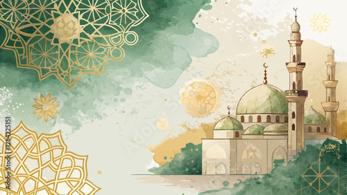 Elegant watercolor background with abstract geometric patterns in shades of gold and green, symbolizing unity and togetherness for the Tarawih prayer community, with copy space  