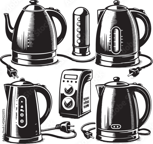 Black Color Electric kettle Silhouette Vector Illustration design, Solid White Background