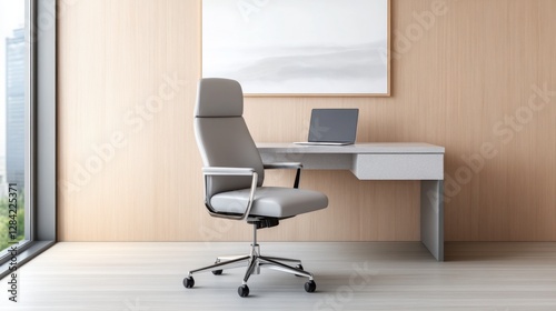  modern workroom featuring a sleek desk with a laptop