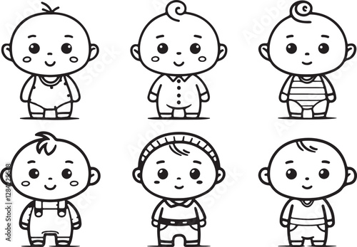 Variant style of baby toddler ages editable stroke line art vector icons set. Flat black outline illustration isolated on a white background.