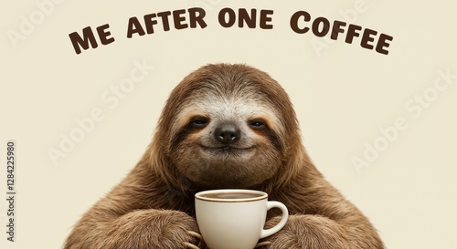 Energized Sloth with Coffee Against Beige Background