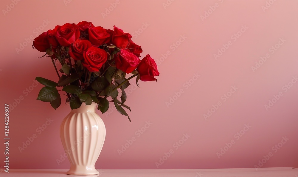 Fototapeta premium Picture of Red Roses in a Ceramic Vase with a Pink Background, Generative AI.