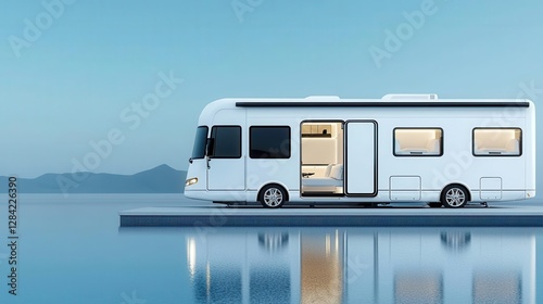 Motorhome with retractable glass walls and infinity pool, isolated