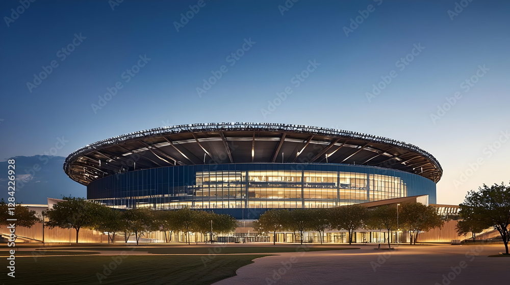 Naklejka premium Modern Stadium Architecture Exterior At Night With Blue Sky Illuminating The Urban City Landscape