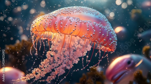 Pink jellyfish underwater with bokeh lights.