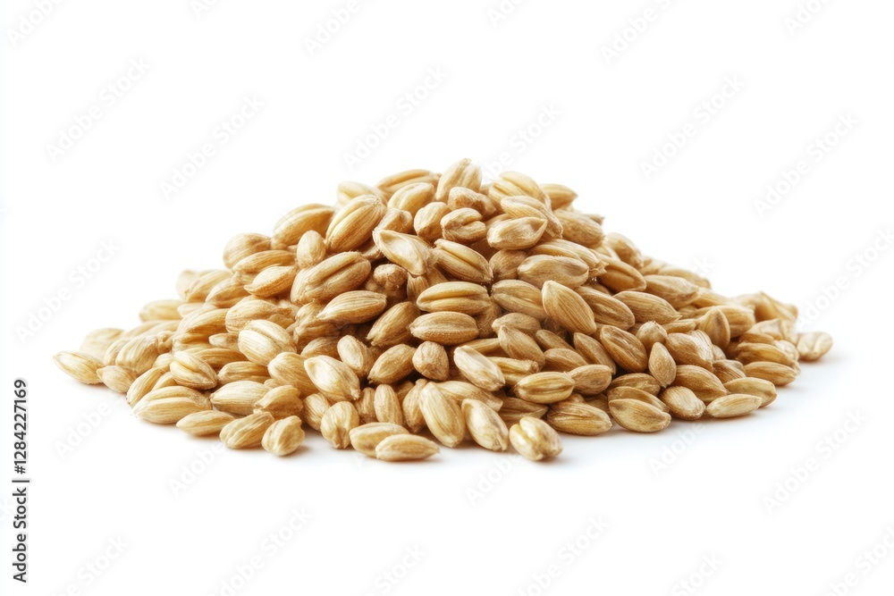 A pile of raw spelt grains sits on a white background A pile of raw spelt grains sits on a white background