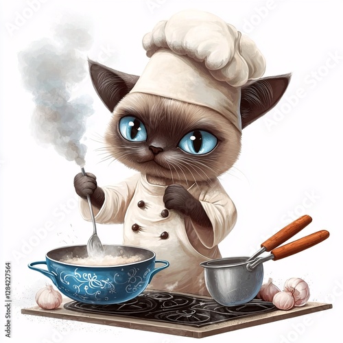 Cute Siamese Cat Chef Cooking in Kitchen with Steam and Ingredients photo