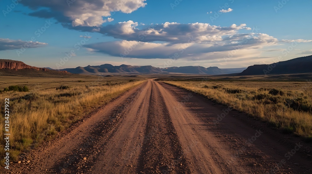 Fototapeta premium Dusty dirt road weaving through the rugged terrain leading to distant mountains in the golden hour light : Generative AI