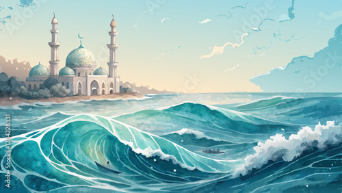 Tranquil watercolor background with flowing waves of blues and teals, depicting a peaceful ocean scene, representing calmness and reflection during the cherished moments of Tarawih prayers, with copy 