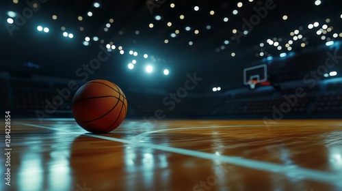 A basketball court with a ball in motion and stadium lights.