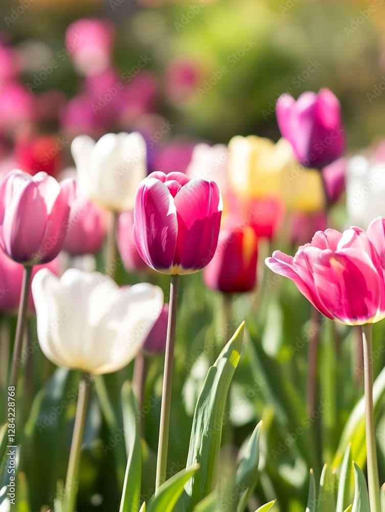 Obraz premium Vibrant tulip flowers blooming in a colorful garden creating a cheerful spring atmosphere : Generative AI