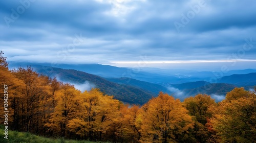 Stunning autumn landscape with vibrant orange trees overlooking a valley under a cloudy sky : Generative AI