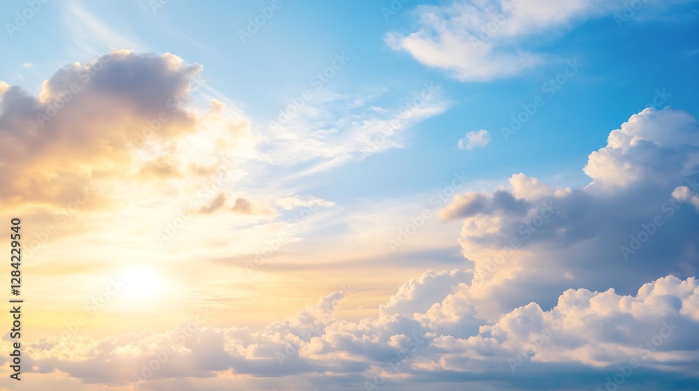 Fototapeta premium Beautiful sunrise with fluffy clouds and bright blue sky creating a picturesque morning scene : Generative AI