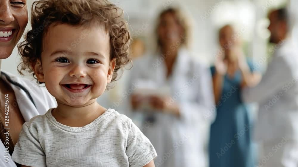 Happy Child at Healthcare: A joyful toddler with curly hair beams with delight, cradled gently by a smiling caregiver in a welcoming medical environment. Blurred in the background. Happy Child at Healthcare: A joyful toddler with curly hair beams with delight, cradled gently by a smiling caregiver in a welcoming medical environment. Blurred in the background.