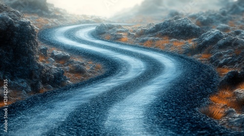 Winding gravel road through misty, rocky landscape.