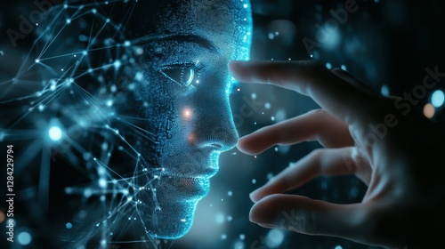 Human hand interacting with digital face in futuristic neural interface