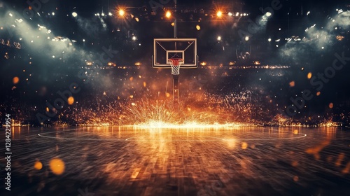  empty basketball court with the spotlight on one side, The background features dark wooden floors,