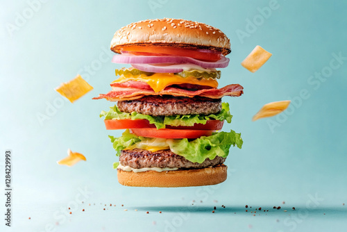 Burger in flight with layers flying apart and slow motion effect photo