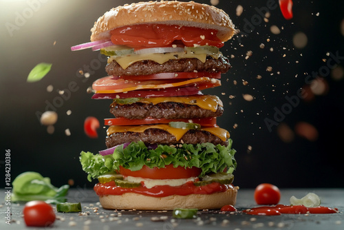 Burger in flight with layers flying apart and slow motion effect photo