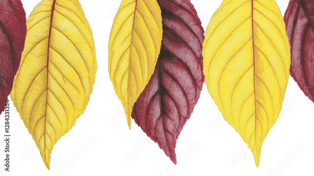 Fototapeta premium Red And Yellow Autumn Leaves Arranged In A Pattern Isolated On White Background