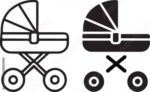 Baby care stroller line art and silhouette icon set, editable stroke outline vector and illustration outline, isolated on a white background.