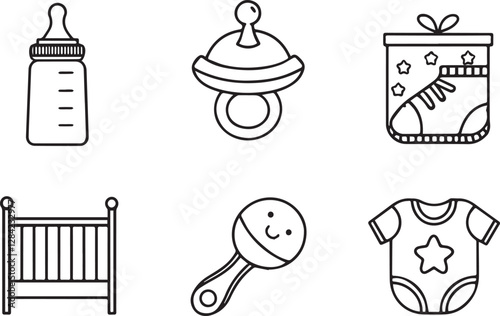 Baby care toddler line art icons set with toys. Editable stroke outline vector illustration isolated on a white background.