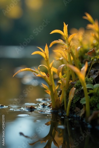 Wilting sprouts of claspingleaf pondweed in autumn, nature, water, photo