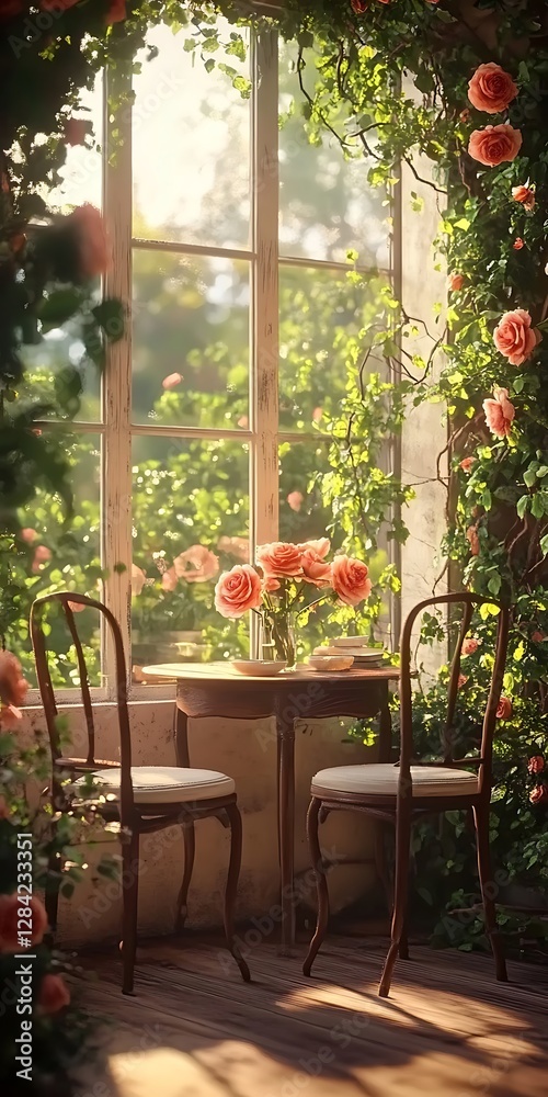 Naklejka premium there are two chairs and a table in front of a window