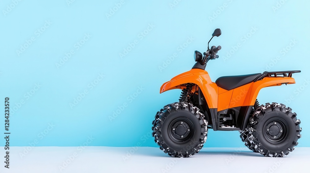 Compact utility quad bike with snow chains, isolated, winterready power