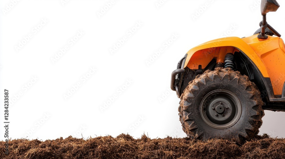 Utility quad bike with tool attachments, isolated, farm and field ready Utility quad bike with tool attachments, isolated, farm and field ready