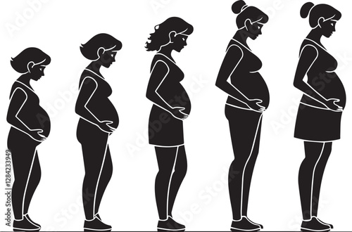 Pregnancy stages silhouette icon vector set. Editable solid black color line illustration. Isolated on a white background.