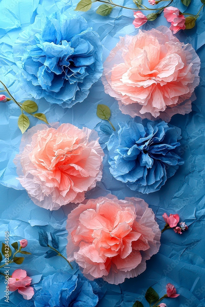 Arrangement of Paper Flower Pom Poms with Delicate Peach and Blue Hues on Wrinkled Blue Paper Arrangement of Paper Flower Pom Poms with Delicate Peach and Blue Hues on Wrinkled Blue Paper