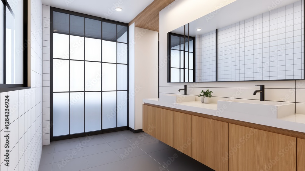 Fototapeta premium Modern bathroom interior featuring sleek design, large mirrors, and natural light from windows