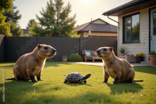 Two capybaras interact with a turtle in a sunlit backyard setting. Concept highlights capybara companionship in peaceful natural surroundings. photo