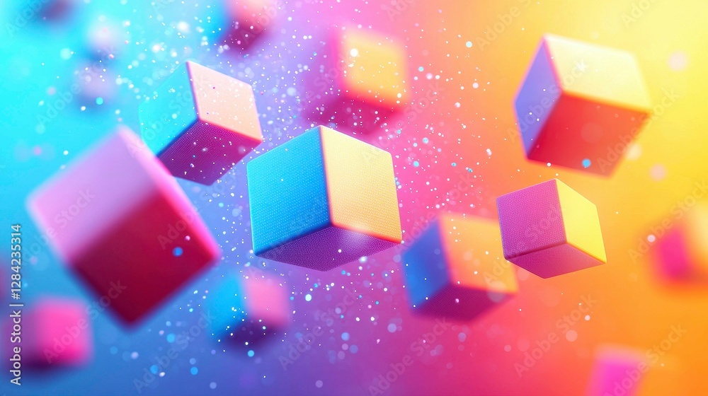 Abstract Cubes Floating in a Colorful Dreamscape with Digital Dust Particles Elegant Design