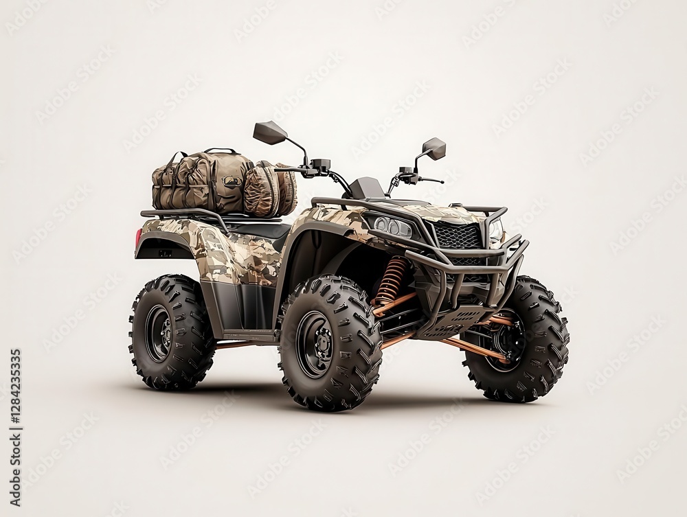 Fototapeta premium Camopainted ATV with hunting gear mounts, isolated, outdoor sports vehicle