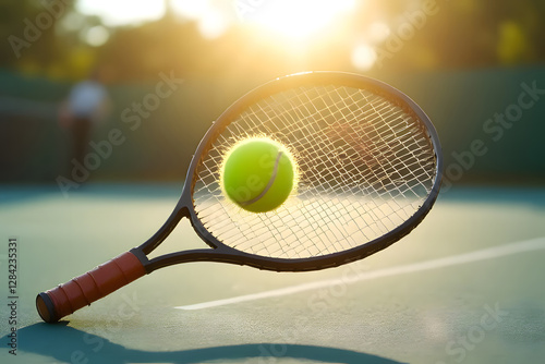 Tennis rackets and tennis balls on the tennis court. In the evening, the orange glow of the sun shines photo