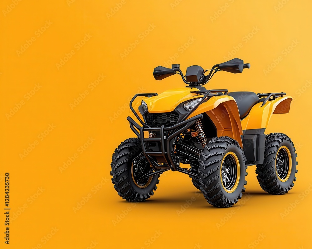 Trailblazing quad bike with reinforced chassis, isolated, built for forest terrain Trailblazing quad bike with reinforced chassis, isolated, built for forest terrain