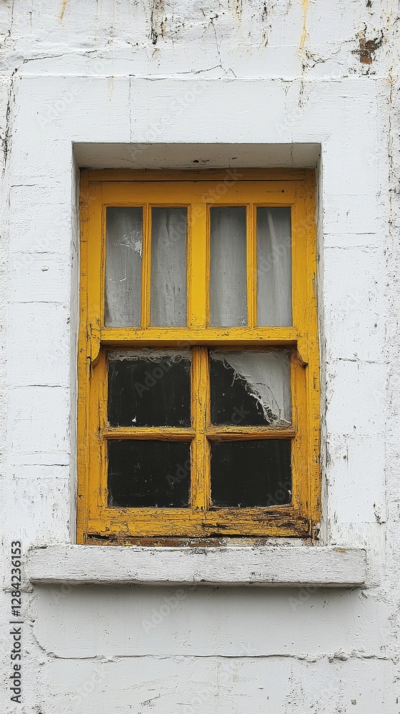 Rustic Yellow Window in Weathered White Wall Rustic Yellow Window in Weathered White Wall