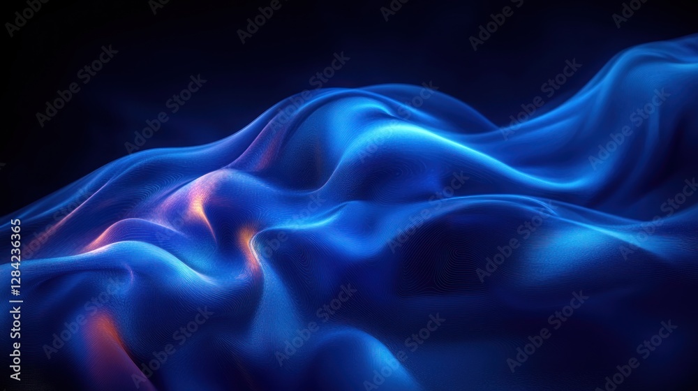 Obraz premium Abstract dynamic blue fabric folds, dark background, glowing light. Possible use technology, fashion, design